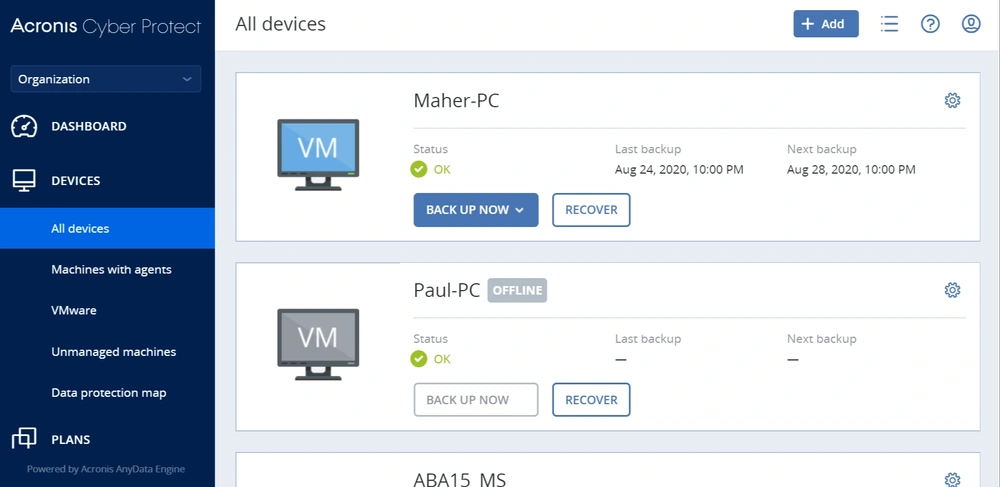 Acronis Cyber Protect — רשימת מכשירים ופעולות גיבוי ושחזור